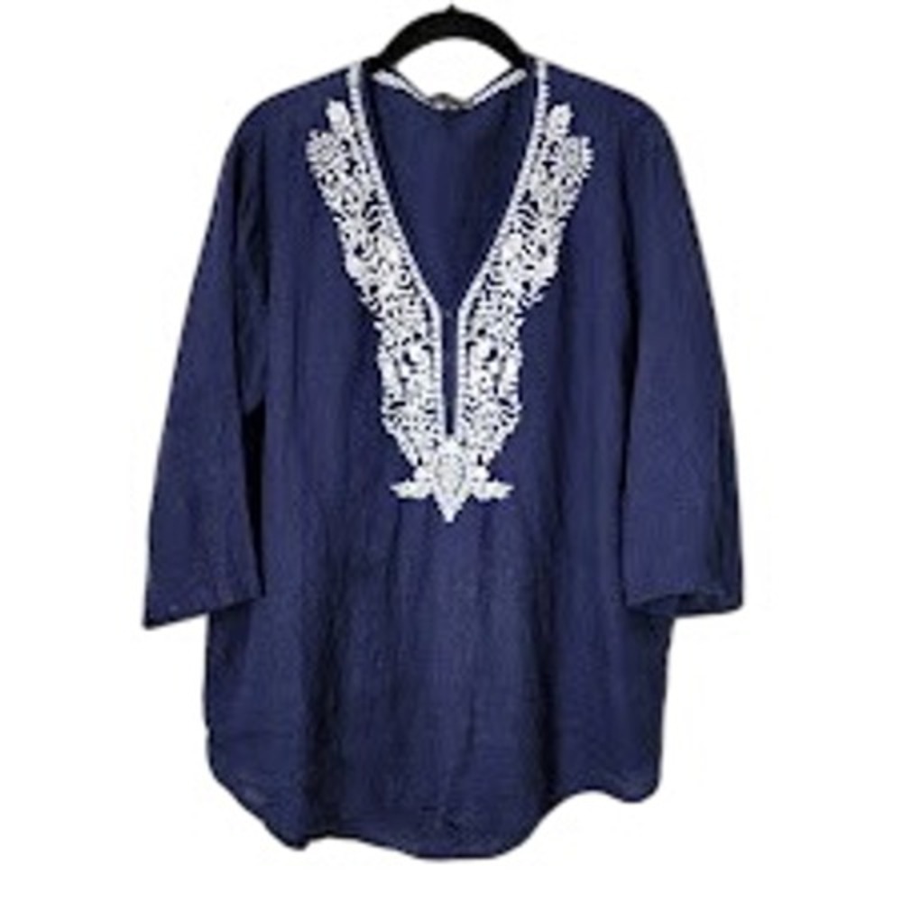 SAKS FIFTH AVENUE Embroidered Linen Tunic Navy Ibiza Boho Nautical resortwear L‎